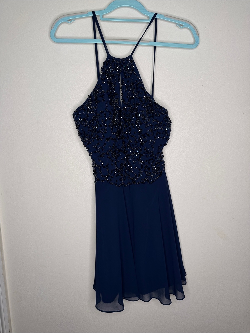 Jovani Navy Beaded Halter Cocktail Dress